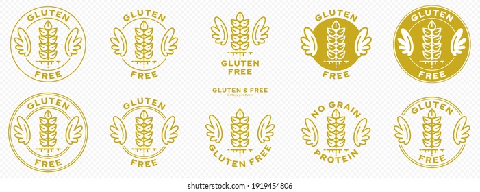 A set of conceptual stamps for packaging products. Labeling - gluten free. A stamp with wings is a symbol of liberation, freedom. Cereal spikelet flat icon and flowing ingredient line. Vector