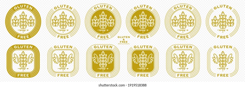 Set of conceptual stamps for packaging products. Labeled - Gluten Free, Grain Protein Free. Round stamp with a flat spikelet icon and wings - a symbol of liberation, freedom. Vector grouped elements.