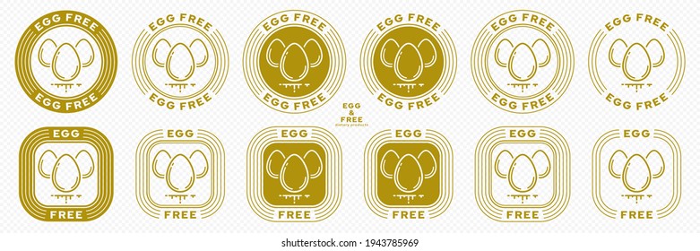 A set of conceptual stamps for packaging products. Labeling - no eggs added. Stamp with eggs icon and flowing ingredient line. The product is free of absorbable ingredient. Vector elements.