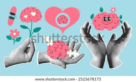 A set of conceptual stickers about mental health. Retro collage with hands made of dots, brains and other elements. Vector illustration