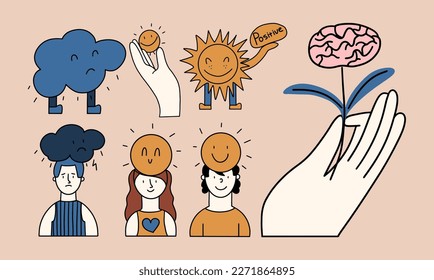 A set of conceptual stickers, icons on the theme of positive mental health, depression and anti-depression. Collection of medical elements with happy people, sun, brain, cloud.