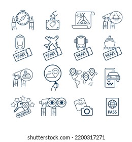 Set of conceptual travel icons.  Attraction icons, transportation for travelling, hotel booking, vacation location search. Vector illustrations. 
