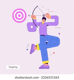 Set of conceptual vector business illustrations of a successful businessman who holds a bow in his hands and aims at a target.
