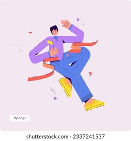 A set of conceptual vector business illustrations with a happy businessman winner. Trendy flat vector illustration of businessman crossing the finish line with flag.