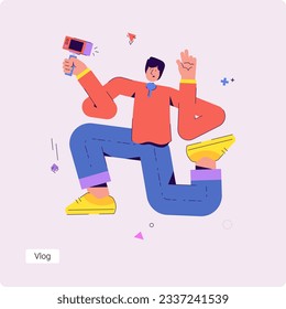 Conjunto de ilustraciones conceptuales vectoriales de un blogueo. Ilustración vectorial plana de moda del hombre con selfie stick record vlog