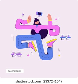 A set of conceptual vector business illustrations with a young girl who is surrounded by technology. The phone, drone and camera are in the air.