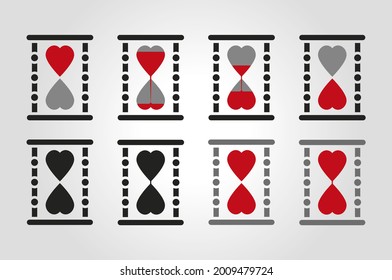 Set of conceptual vector illustrations about time to love with hourglasses and hearts.