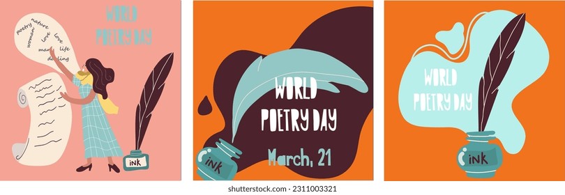 Set of Conceptual vector illustrations for Poetry Day, March 21, World Writers Day, March 3 with a typewriter, pen and inkwell and hand drawn character characters woman, man.