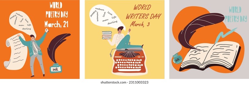 Set of Conceptual vector illustrations for Poetry Day, March 21, World Writers Day, March 3 with a typewriter, pen and inkwell and hand drawn character characters woman, man.