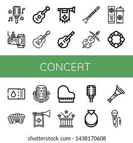 Set of concert icons such as Microphone, Spotlight, Guitar, Trumpet, Double bass, Clarinet, Cello, Ticket, Tambourine, Accordion, Piano, Drum, Castanets , concert