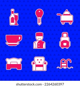 Conserjería, Sillón, Piscina, Maleta, Dormitorio, Café, Cubierta con la bandeja de comida y el icono de la botella de champán. Vector