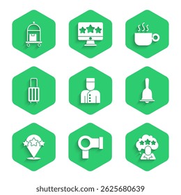Set Concierge, Hair dryer, Five stars rating review, Hotel service bell, Suitcase, Coffee cup and  icon. Vector