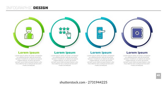 Conserje, clasificación de estrellas, cerradura de puerta digital y caja fuerte. Plantilla de infografía de negocios. Vector
