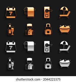 Set Concierge, Sunbed with umbrella, Bathtub, Suitcase, Champagne bottle glass, Digital door lock, Hotel booking calendar and Towel hanger icon. Vector
