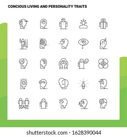 Set of Concious Living And Personality Traits Line Icon set 25 Icons. Vector Minimalism Style Design Black Icons Set. Linear pictogram pack.