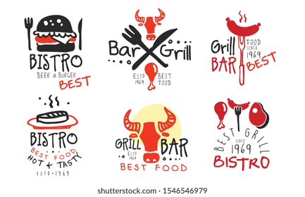 Set of concise black red barbecue logos. Vector illustration.