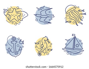 A set of concise linear icons for 2019 depicting a sea voyage with fish, jellyfish, starfish, seahorse, seashells, Seagull, sailboat and anchor on a yellow and blue background