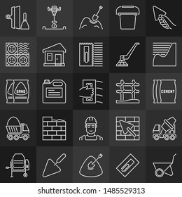 Set of concrete and cement concept outline icons on dark background