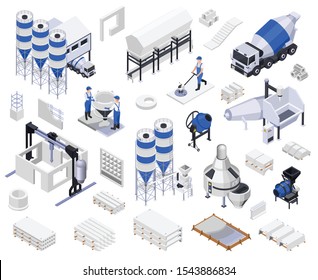 Set of concrete cement production isometric icons with vehicles people and industrial machines on blank background vector illustration svg