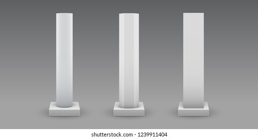 Set of concrete footings in 3D. Vector illustration for colored, white or transparent background. Reinforced concrete piles for bridges, roads or buildings. Industrial columns.