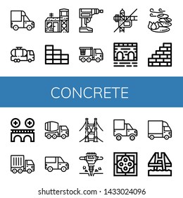 Set of concrete icons such as Cargo truck, Tank truck, Military base, Brick wall, Driller, Crane truck, Construction, Bridge, Stones, Wall, Concrete mixer, Jackhammer , concrete