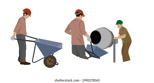 Set. concrete mixer. A builder pours cement from a concrete mixer. Man builder collects cement in a wheelbarrow. Construction. workers in a helmet at a construction site