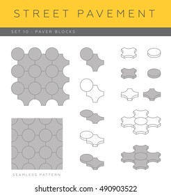 Set of concrete paver blocks and seamless patterns
