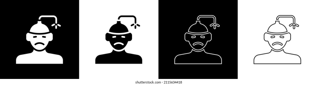 Setzen Sie Concussion, Kopfschmerzen, Schwindel, Migräne Symbol einzeln auf schwarz-weißem Hintergrund.  Vektorgrafik