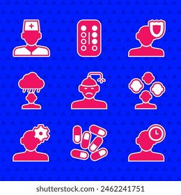 Set Concussion, headache, Medicine pill or tablet, Insomnia, Schizophrenia, Solution problem psychology, Depression and frustration, Psychology and Male doctor icon. Vector