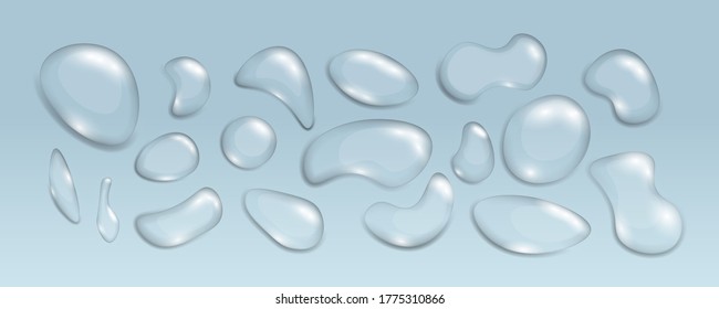 Set of condensation bubbles or realistic drip, H2O element and wet splash. Realistic transparent drops water of various shapes. Theme Humidity and transparency. Vector illustration, eps 10.