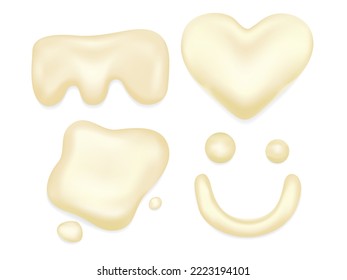 Set of condensed milk, white liquid, mayonnaise, sauce creamy or yogurt, Various shapes, Vector illustration isolated on a white background.