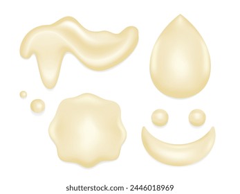 Set aus Kondensmilch, weißer Flüssigkeit, Mayonnaise, Soße, Creme oder Jogurt, Vektorillustration aus verschiedenen Formen auf weißem Hintergrund.