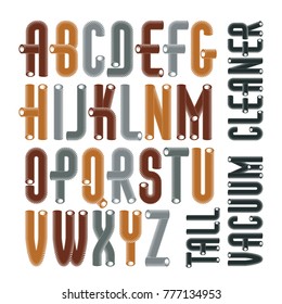 Set of condensed, tall, cool vector upper case English alphabet letters isolated. Retro font, typescript for use in logo design. Made with 3d cylinder tube design, industry style.