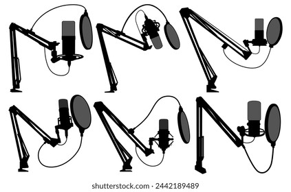 set condenser microphone silhouette icon. studio voice recorder for Podcast design illustration