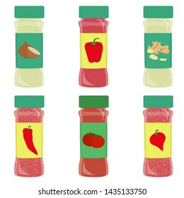 Set of condiment pot. Six seasoning powder: onion, paprika, garlic, chili pepper, tomato, pepper pout. Isolated. White background.