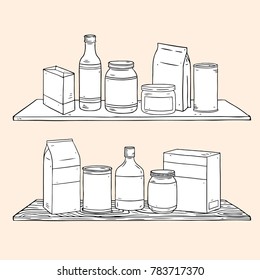 Set of Condiments hand drawn vector illustration with bottle,can,,box,glasses jar,Different sauces on wooden shelves
