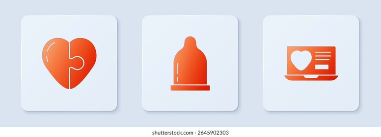 Set Condón, Corazón y Citas App en línea. Botón cuadrado blanco. Vector