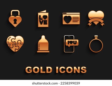 Set Condom, Heart, Diamond engagement ring, Mobile with heart, Dating app online, Castle the shape of and Valentines day party flyer icon. Vector