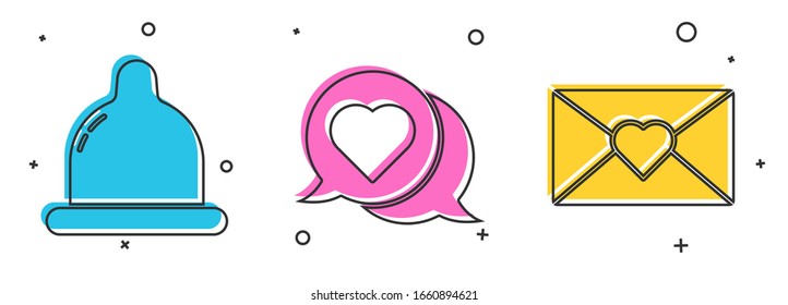 Coloque el condón, el corazón en burbuja de habla y sobre con el icono de San Valentín corazón. Vector