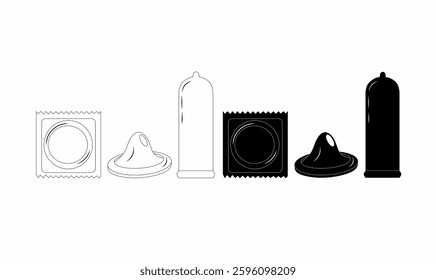Set of condom icons in various styles, including packaging and unrolled versions. Ideal for health campaigns, safe sex awareness, and medical product illustrations