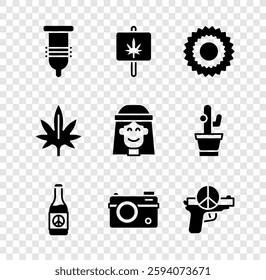 Set Condom, Marijuana, Sun, Beer bottle, Photo camera, No war,  and Hippie girl icon. Vector