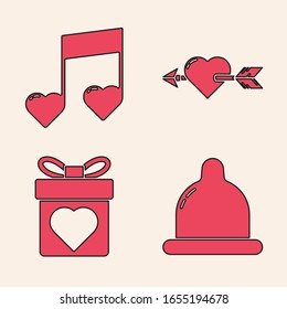 Set Condom, Music note, tone with hearts, Amour with heart and arrow and Gift box with heart icon. Vector