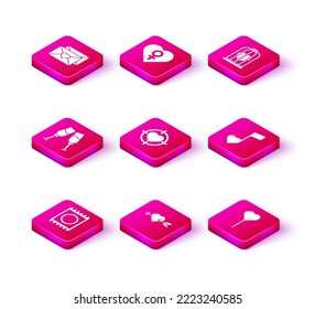 Poner Condón en paquete, Amor con corazón y flecha, Vidrio de champán, Corazón el objetivo de dardos centrales, Forma de globos, Nota musical, corazones de tono, jaula de pájaro e ícono de género femenino. Vector
