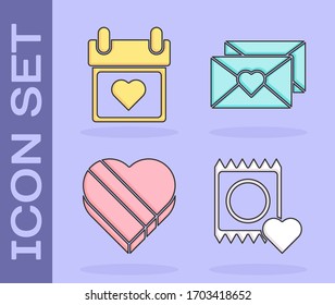 Ponga Condón en el paquete, Calendario con corazón, Candy en la caja con forma de corazón y sobre con icono de corazón de San Valentín. Vector