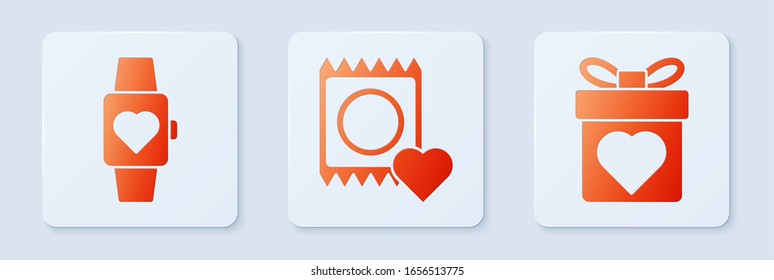 Set Condom in package, Heart in the center wrist watch and Gift box with heart. White square button. Vector