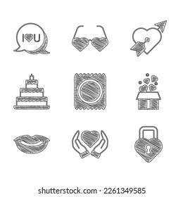 Set Condom in package, Heart hand, Castle the shape of heart, Gift box with hearts, Smiling lips, Wedding cake, Amour arrow and Speech bubble text I love you icon. Vector