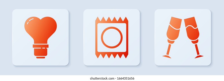 Set Condom in package, Heart shape in a light bulb and Glass of champagne. White square button. Vector
