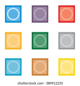 Set condom in package. Safe love symbol. Colored flat icons on white background