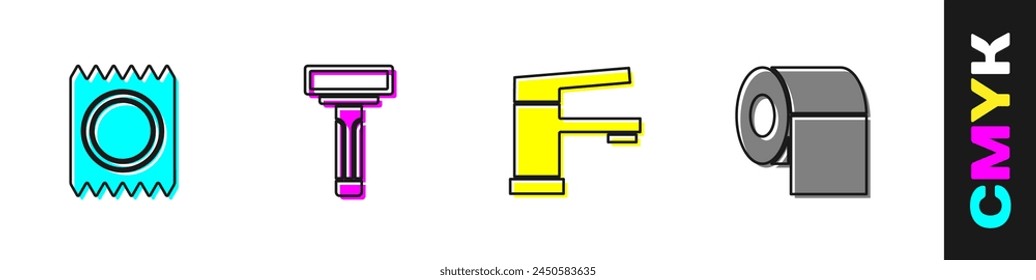 Set Condom in package safe sex, Shaving razor, Water tap and Toilet paper roll icon. Vector