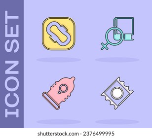 Set Condom in package, Sanitary napkin,  and Book about women icon. Vector